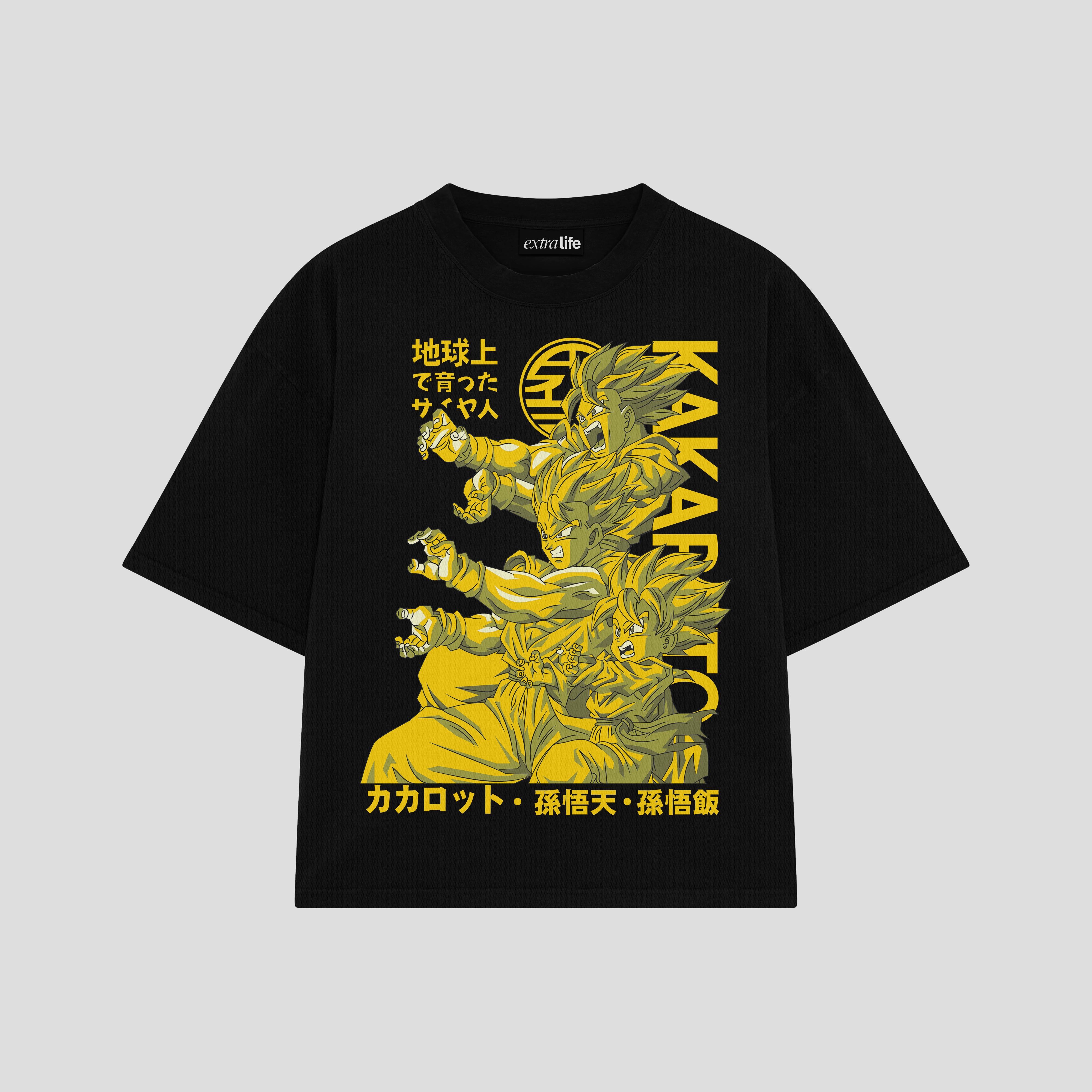 Playera streetwear premium de anime y gaming ExtraLife MX, corte boxy oversized drop shoulder heavyweight en color Deep Black y Off-White, moda urbana mexicana de culto.