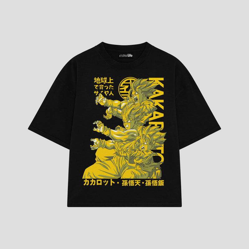 Playera streetwear premium de anime y gaming ExtraLife MX, corte boxy oversized drop shoulder heavyweight en color Deep Black y Off-White, moda urbana mexicana de culto.