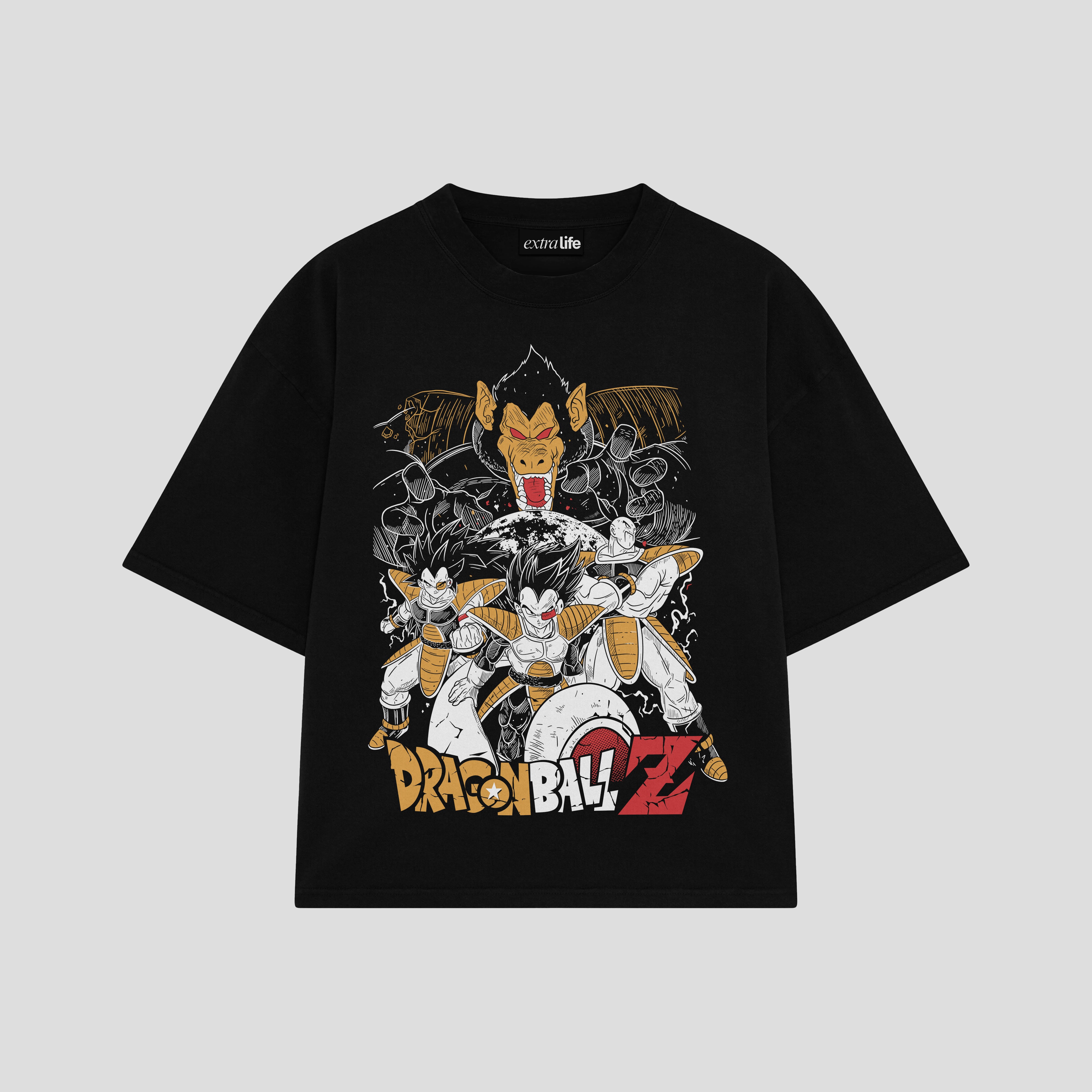 Playera streetwear premium de anime y gaming ExtraLife MX, corte boxy oversized drop shoulder heavyweight en color Deep Black y Off-White, moda urbana mexicana de culto.
