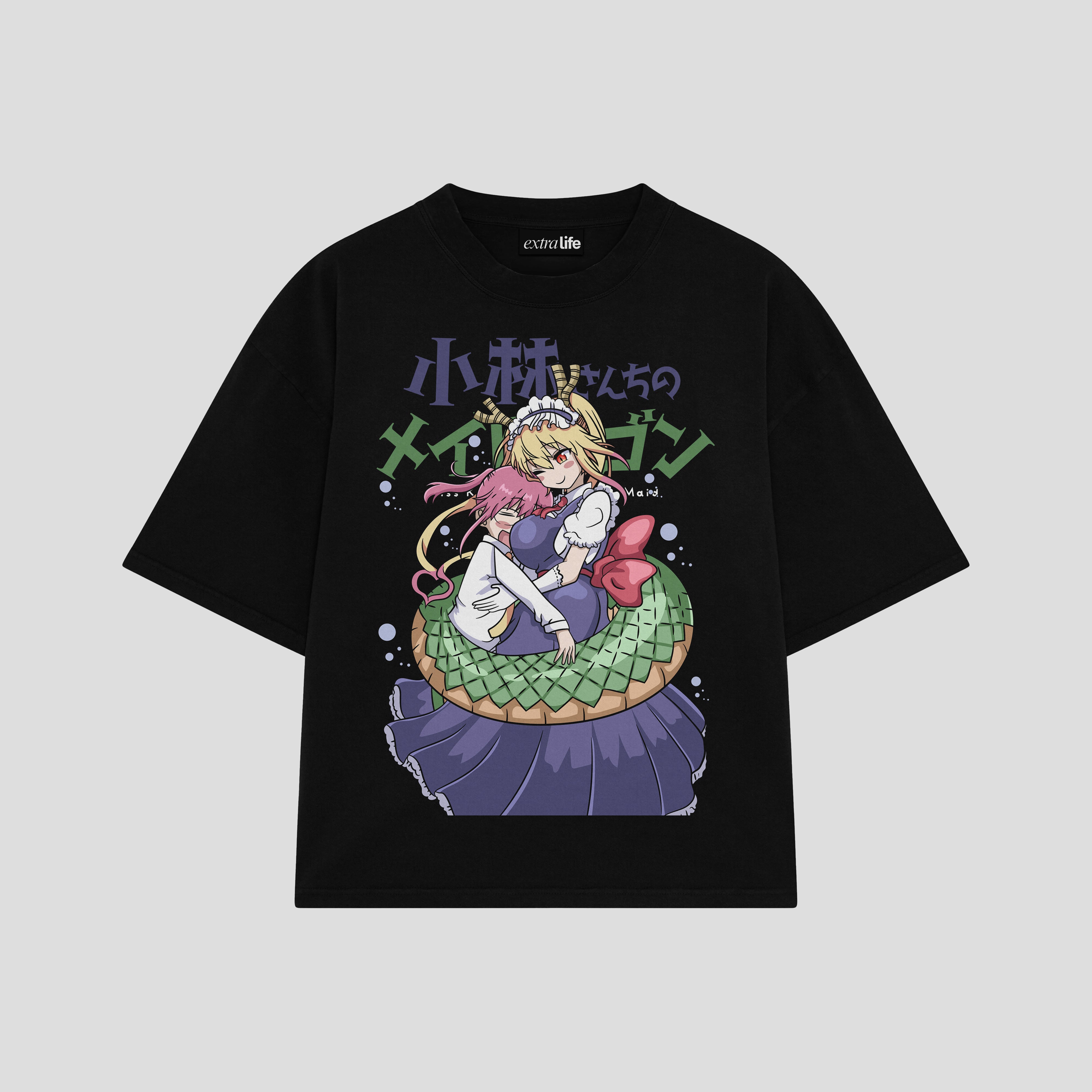 Playera streetwear premium de anime y gaming ExtraLife MX, corte boxy oversized drop shoulder heavyweight en color Deep Black y Off-White, moda urbana mexicana de culto.