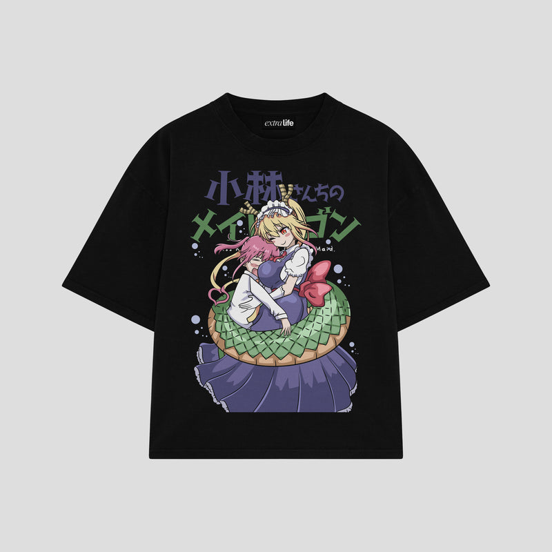Playera streetwear premium de anime y gaming ExtraLife MX, corte boxy oversized drop shoulder heavyweight en color Deep Black y Off-White, moda urbana mexicana de culto.