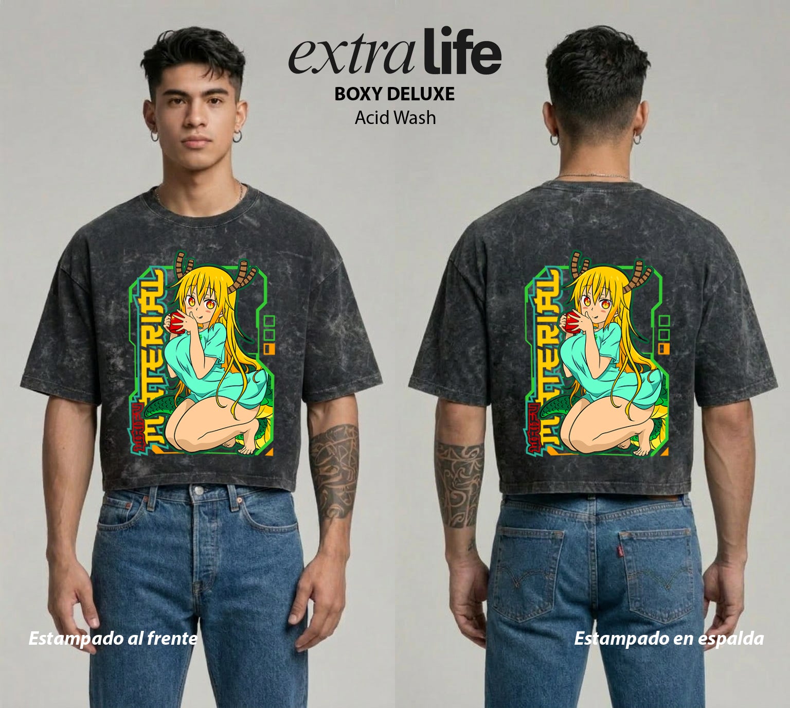 Playera streetwear premium de anime y gaming ExtraLife MX, corte boxy deluxe mineral wash heavyweight en color Acid Wash, moda urbana mexicana de culto.