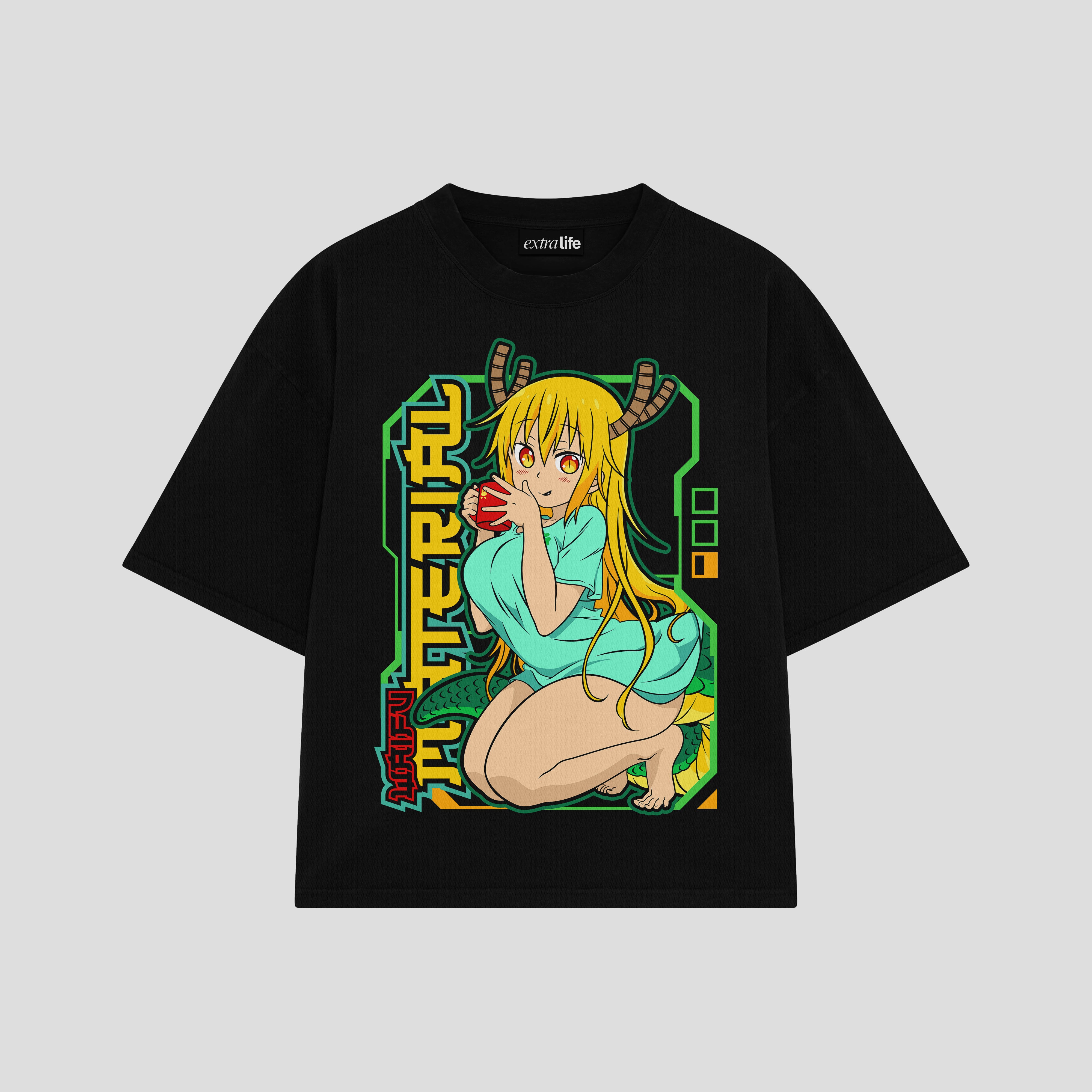 Playera streetwear premium de anime y gaming ExtraLife MX, corte boxy oversized drop shoulder heavyweight en color Deep Black y Off-White, moda urbana mexicana de culto.