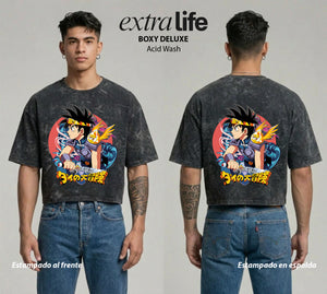 Playera streetwear premium de anime y gaming ExtraLife MX, corte boxy deluxe mineral wash heavyweight en color Acid Wash, moda urbana mexicana de culto.