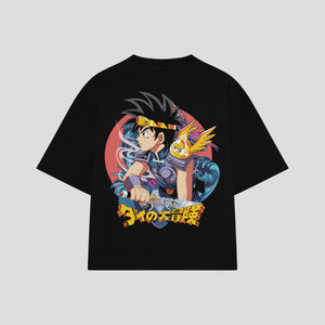 Playera streetwear premium de anime y gaming ExtraLife MX, corte boxy oversized drop shoulder heavyweight en color Deep Black y Off-White, moda urbana mexicana de culto.