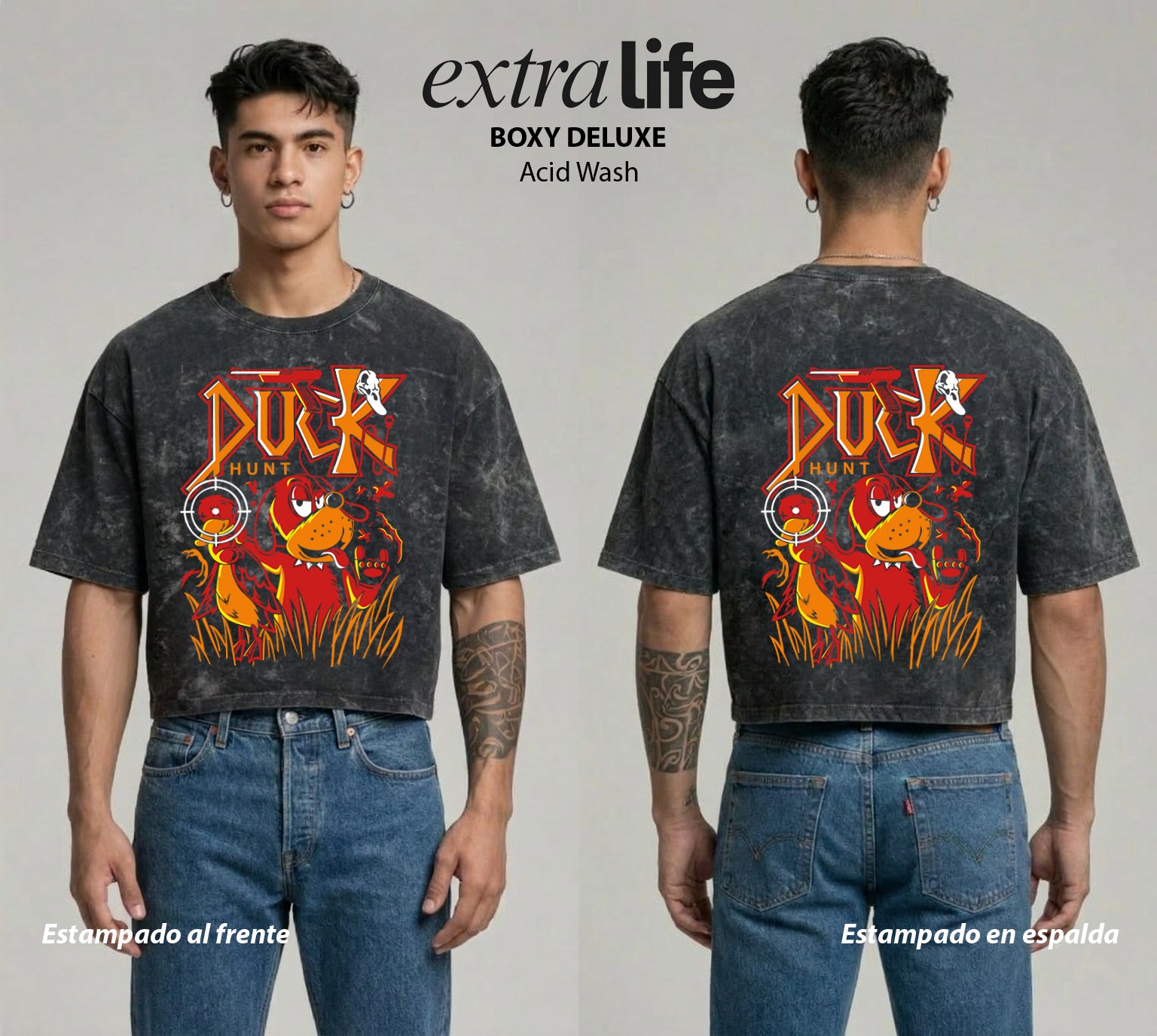 Playera streetwear premium de anime y gaming ExtraLife MX, corte boxy deluxe mineral wash heavyweight en color Acid Wash, moda urbana mexicana de culto.