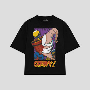 Playera streetwear premium de anime y gaming ExtraLife MX, corte boxy oversized drop shoulder heavyweight en color Deep Black y Off-White, moda urbana mexicana de culto.