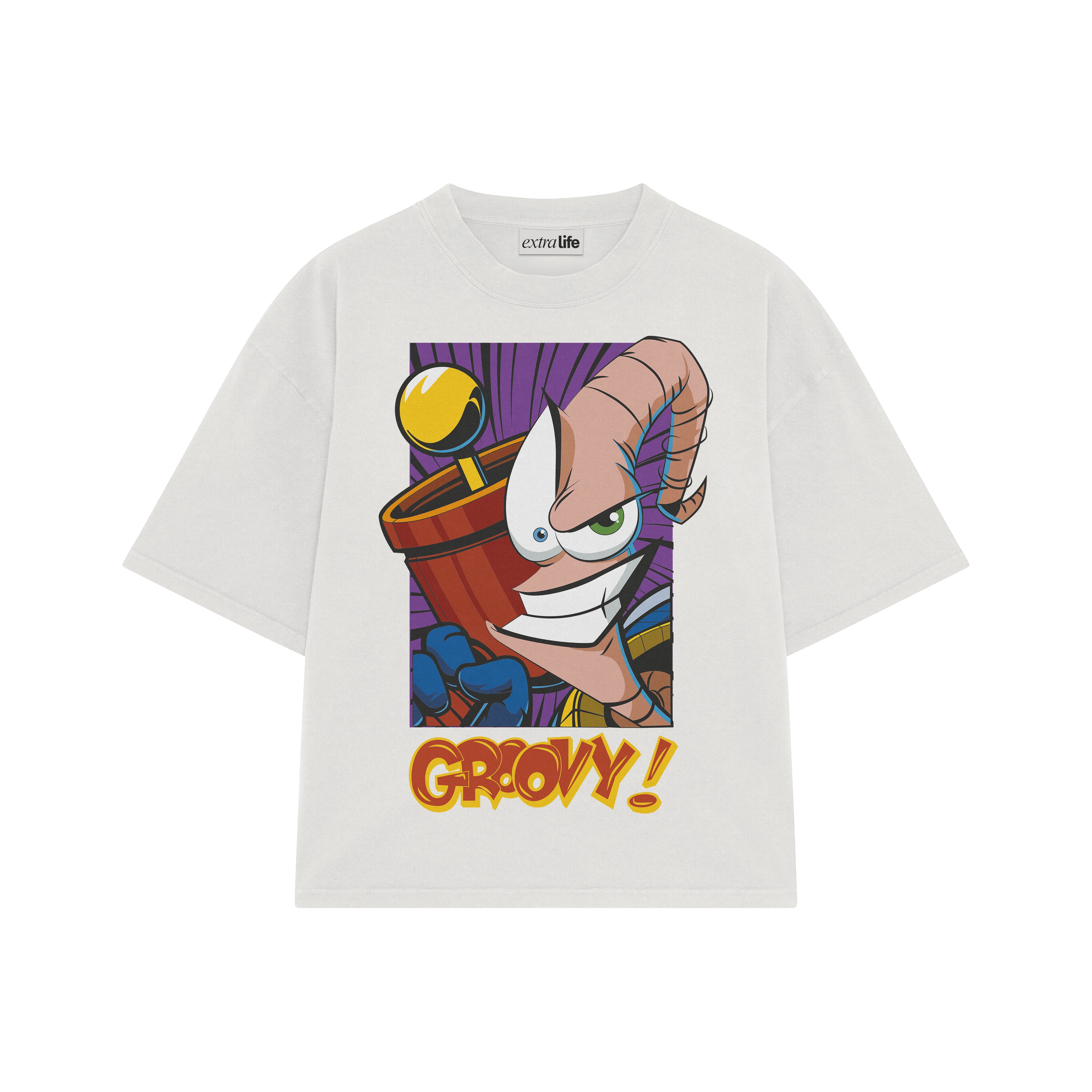 Playera streetwear premium de anime y gaming ExtraLife MX, corte boxy oversized drop shoulder heavyweight en color Deep Black y Off-White, moda urbana mexicana de culto.