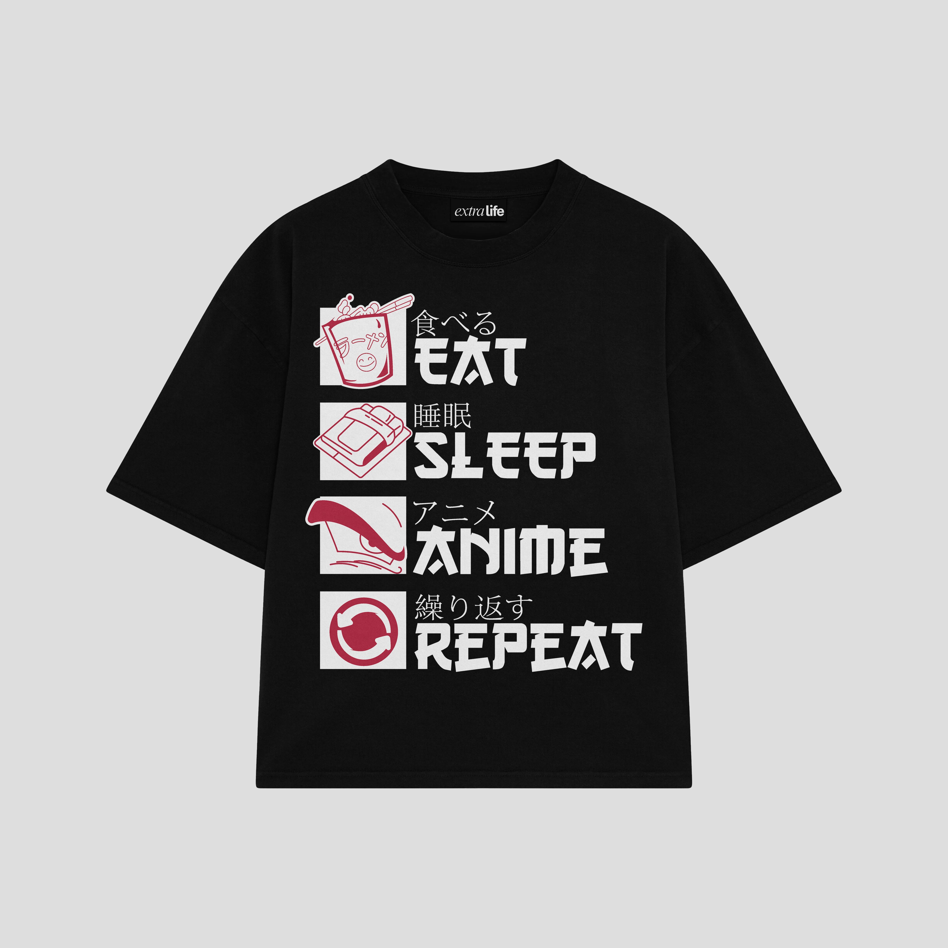 Playera streetwear premium de anime y gaming ExtraLife MX, corte boxy oversized drop shoulder heavyweight en color Deep Black y Off-White, moda urbana mexicana de culto.