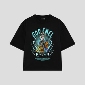 Playera streetwear premium de anime y gaming ExtraLife MX, corte boxy oversized drop shoulder heavyweight en color Deep Black y Off-White, moda urbana mexicana de culto.