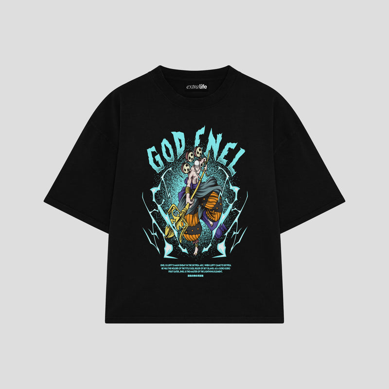Playera streetwear premium de anime y gaming ExtraLife MX, corte boxy oversized drop shoulder heavyweight en color Deep Black y Off-White, moda urbana mexicana de culto.