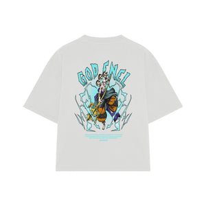 Playera streetwear premium de anime y gaming ExtraLife MX, corte boxy oversized drop shoulder heavyweight en color Deep Black y Off-White, moda urbana mexicana de culto.