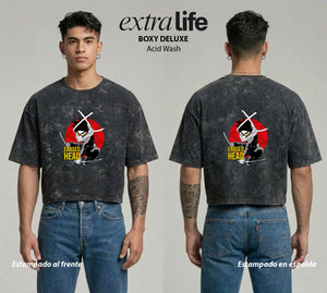 Playera streetwear premium de anime y gaming ExtraLife MX, corte boxy deluxe mineral wash heavyweight en color Acid Wash, moda urbana mexicana de culto.