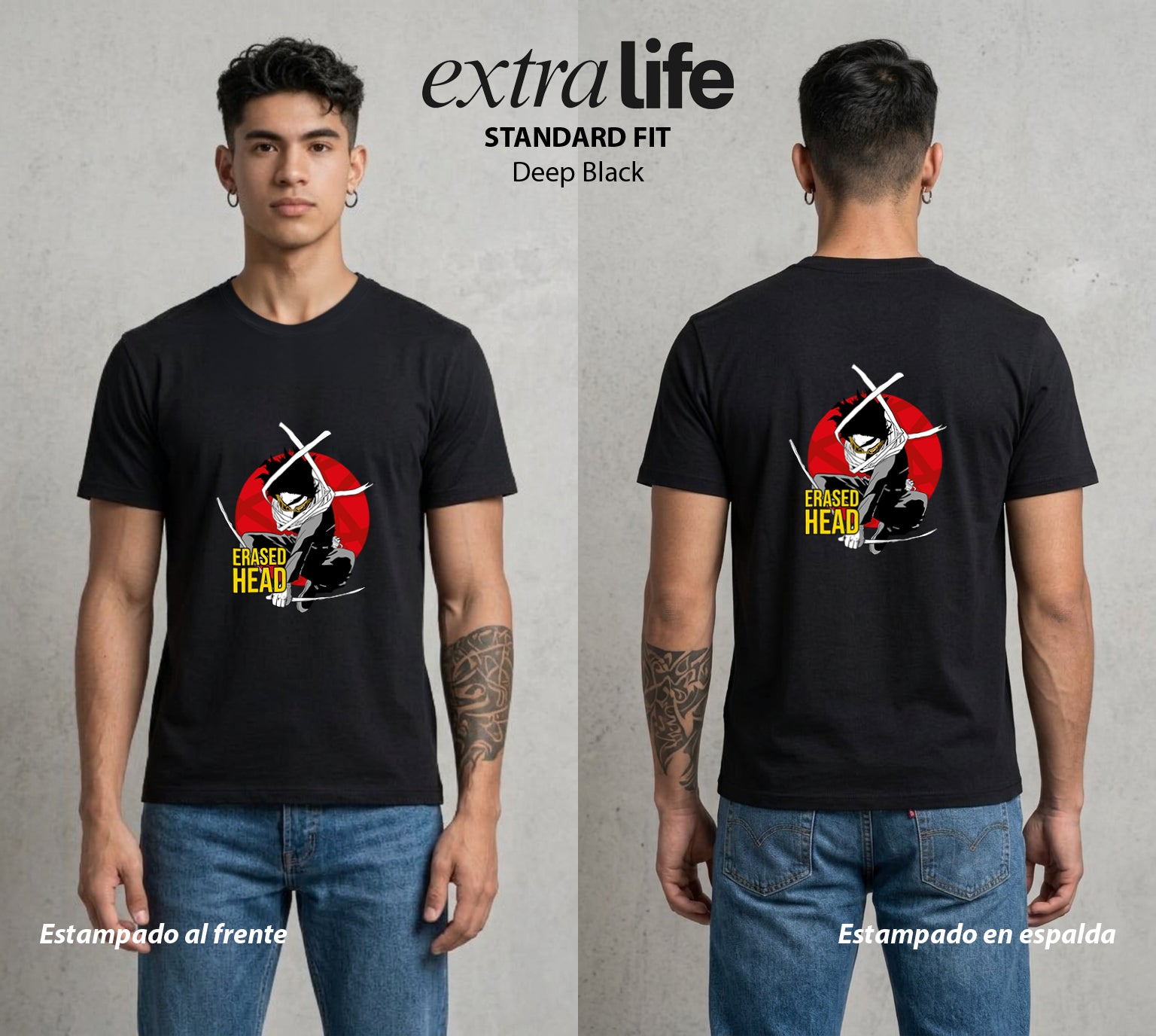 La Academia de Heroes | Eraserhead Bnha #01387 - Playera Standard Fit | Deep Black - Foto en modelo