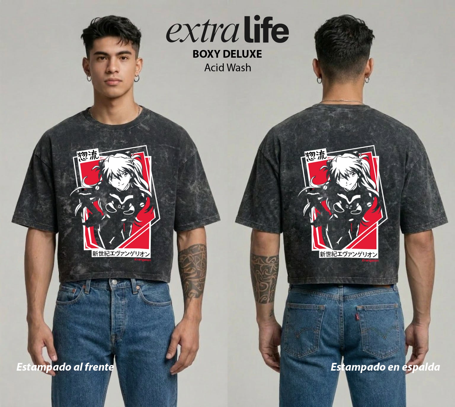 Playera streetwear premium de anime y gaming ExtraLife MX, corte boxy deluxe mineral wash heavyweight en color Acid Wash, moda urbana mexicana de culto.