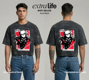 Playera streetwear premium de anime y gaming ExtraLife MX, corte boxy deluxe mineral wash heavyweight en color Acid Wash, moda urbana mexicana de culto.
