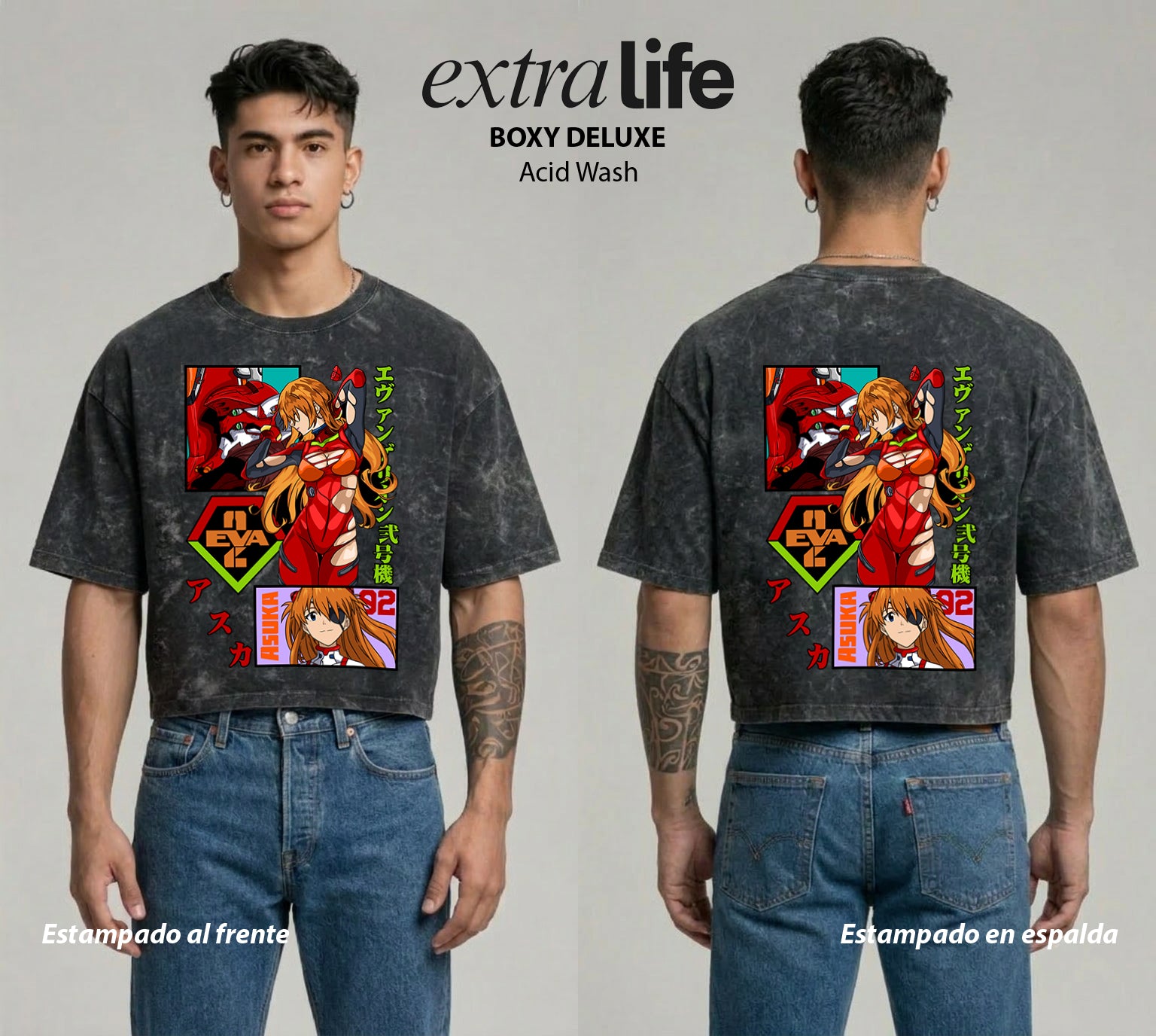 Playera streetwear premium de anime y gaming ExtraLife MX, corte boxy deluxe mineral wash heavyweight en color Acid Wash, moda urbana mexicana de culto.