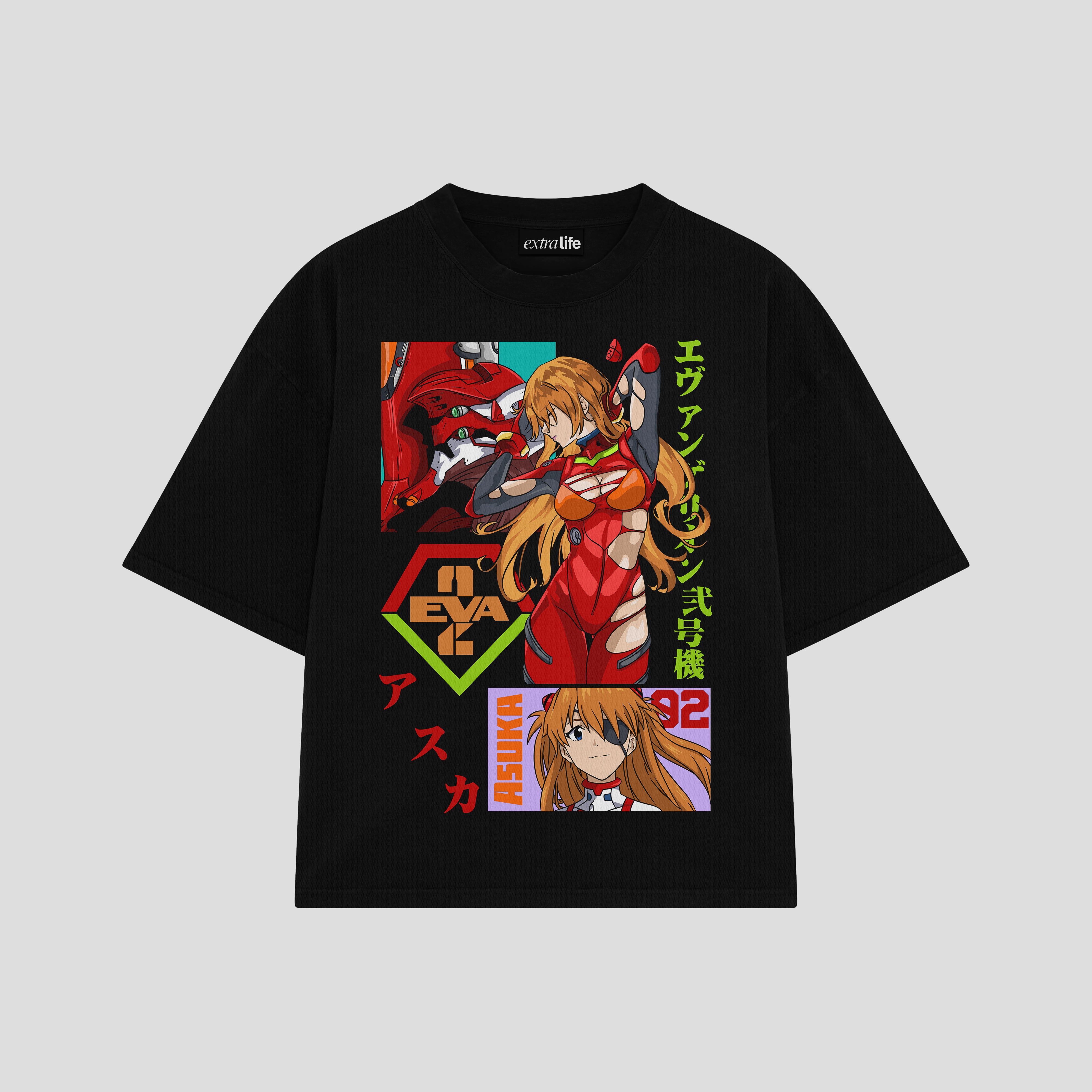 Playera streetwear premium de anime y gaming ExtraLife MX, corte boxy oversized drop shoulder heavyweight en color Deep Black y Off-White, moda urbana mexicana de culto.