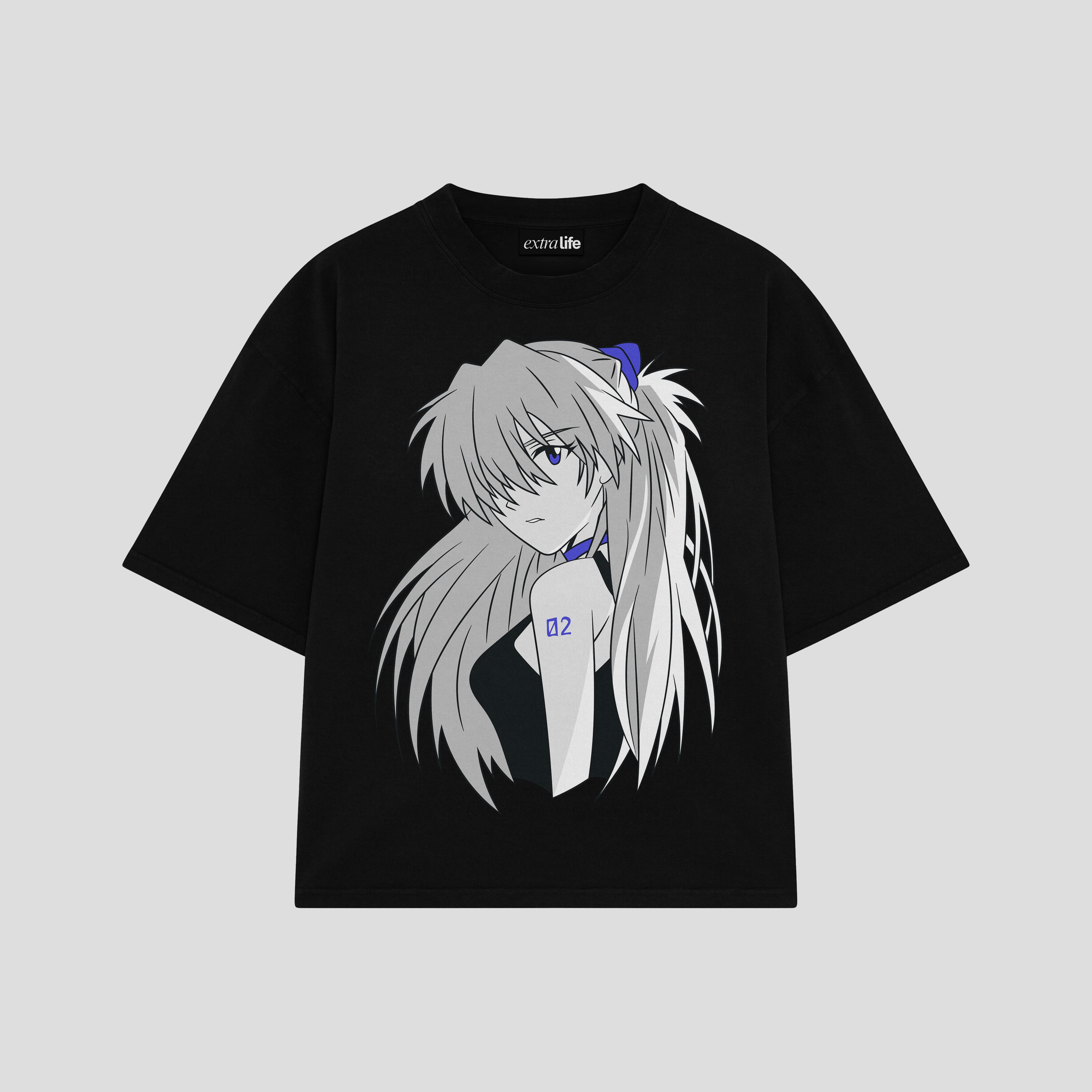 Playera streetwear premium de anime y gaming ExtraLife MX, corte boxy oversized drop shoulder heavyweight en color Deep Black y Off-White, moda urbana mexicana de culto.