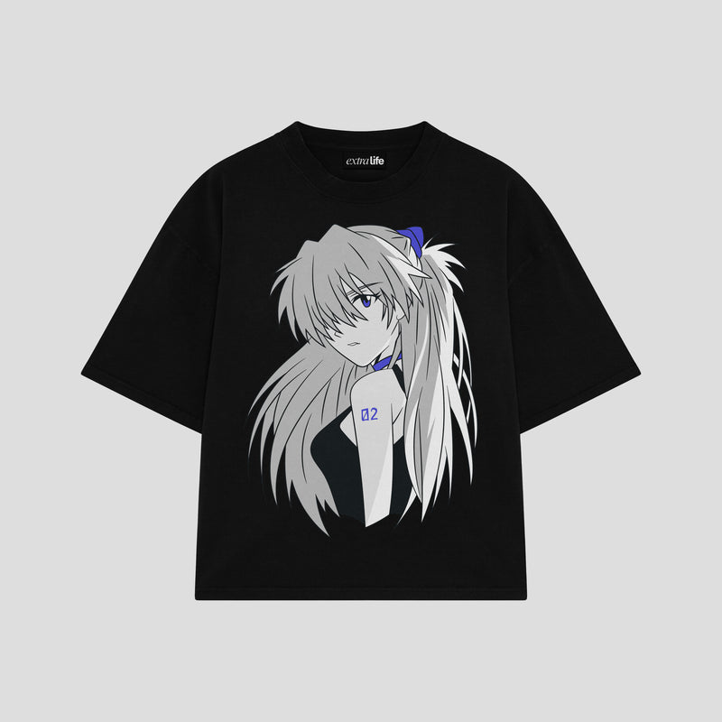 Playera streetwear premium de anime y gaming ExtraLife MX, corte boxy oversized drop shoulder heavyweight en color Deep Black y Off-White, moda urbana mexicana de culto.