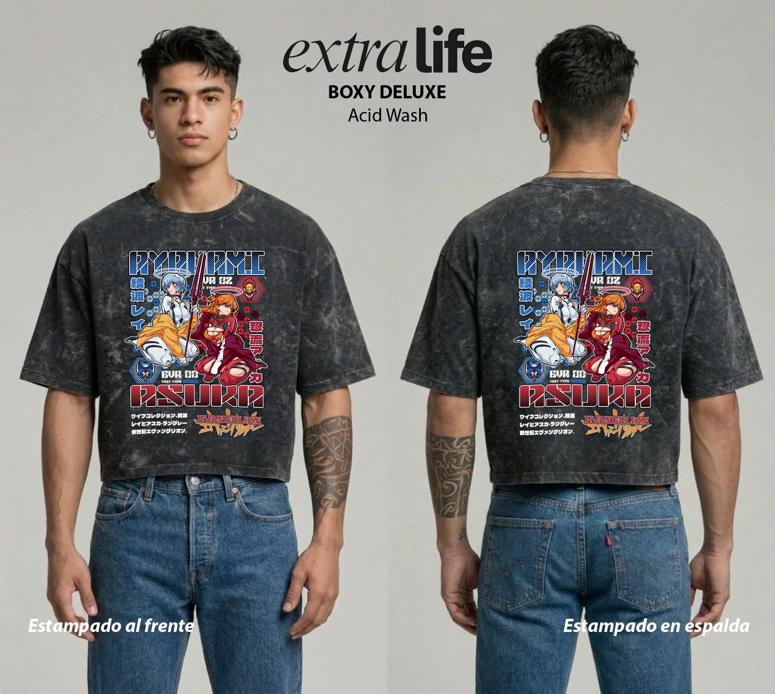 Playera streetwear premium de anime y gaming ExtraLife MX, corte boxy deluxe mineral wash heavyweight en color Acid Wash, moda urbana mexicana de culto.