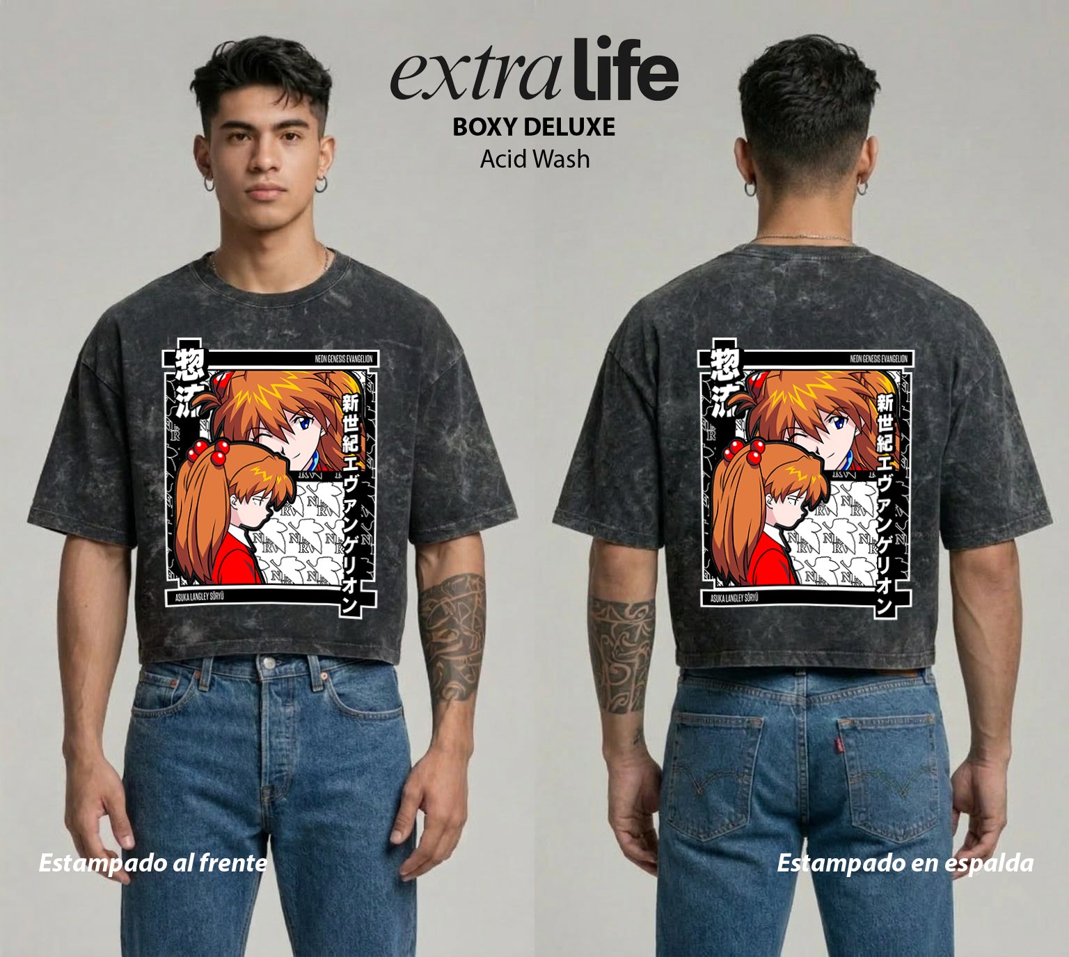 Playera streetwear premium de anime y gaming ExtraLife MX, corte boxy deluxe mineral wash heavyweight en color Acid Wash, moda urbana mexicana de culto.