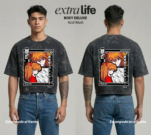 Playera streetwear premium de anime y gaming ExtraLife MX, corte boxy deluxe mineral wash heavyweight en color Acid Wash, moda urbana mexicana de culto.