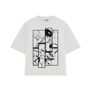 Playera streetwear premium de anime y gaming ExtraLife MX, corte boxy oversized drop shoulder heavyweight en color Deep Black y Off-White, moda urbana mexicana de culto.