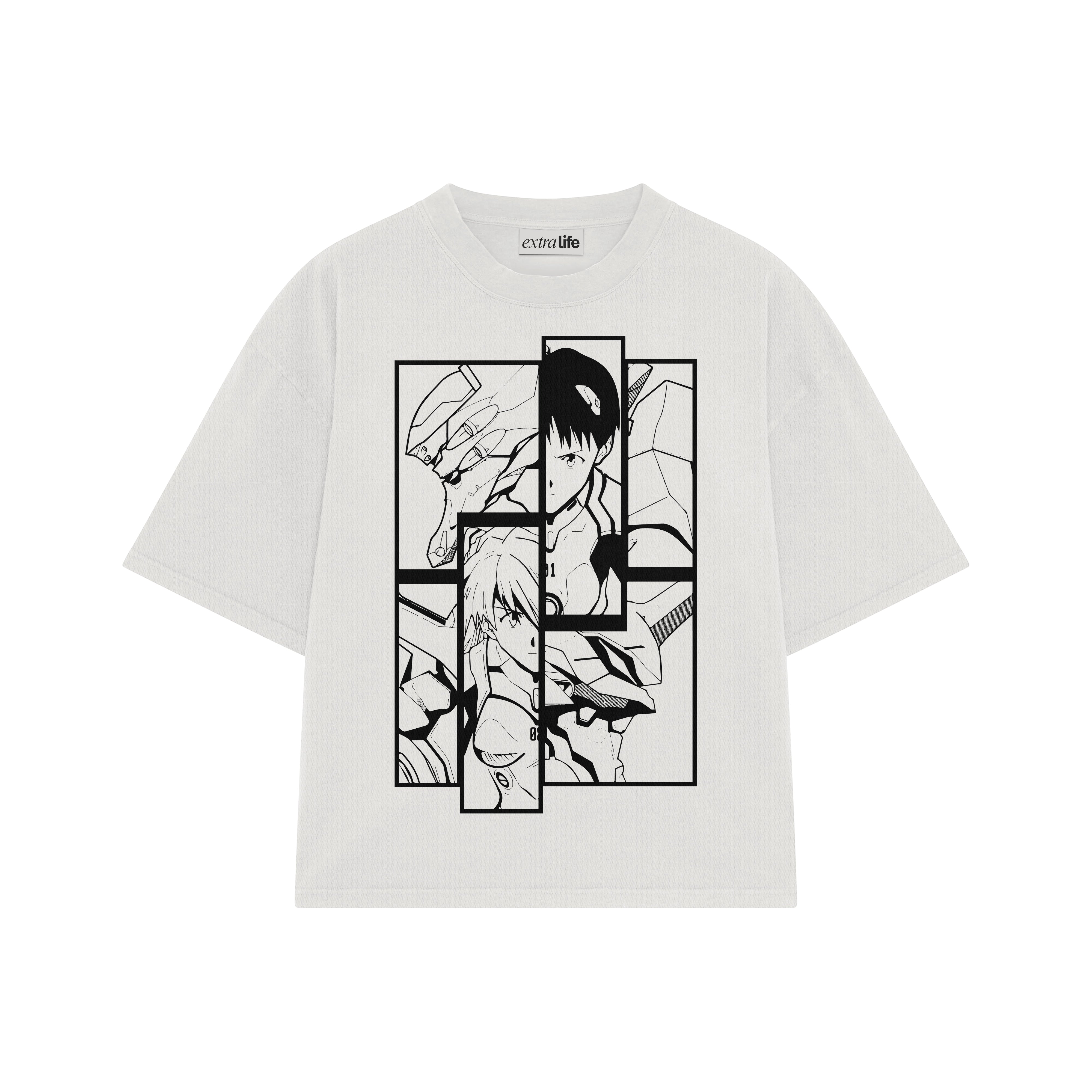 Playera streetwear premium de anime y gaming ExtraLife MX, corte boxy oversized drop shoulder heavyweight en color Deep Black y Off-White, moda urbana mexicana de culto.