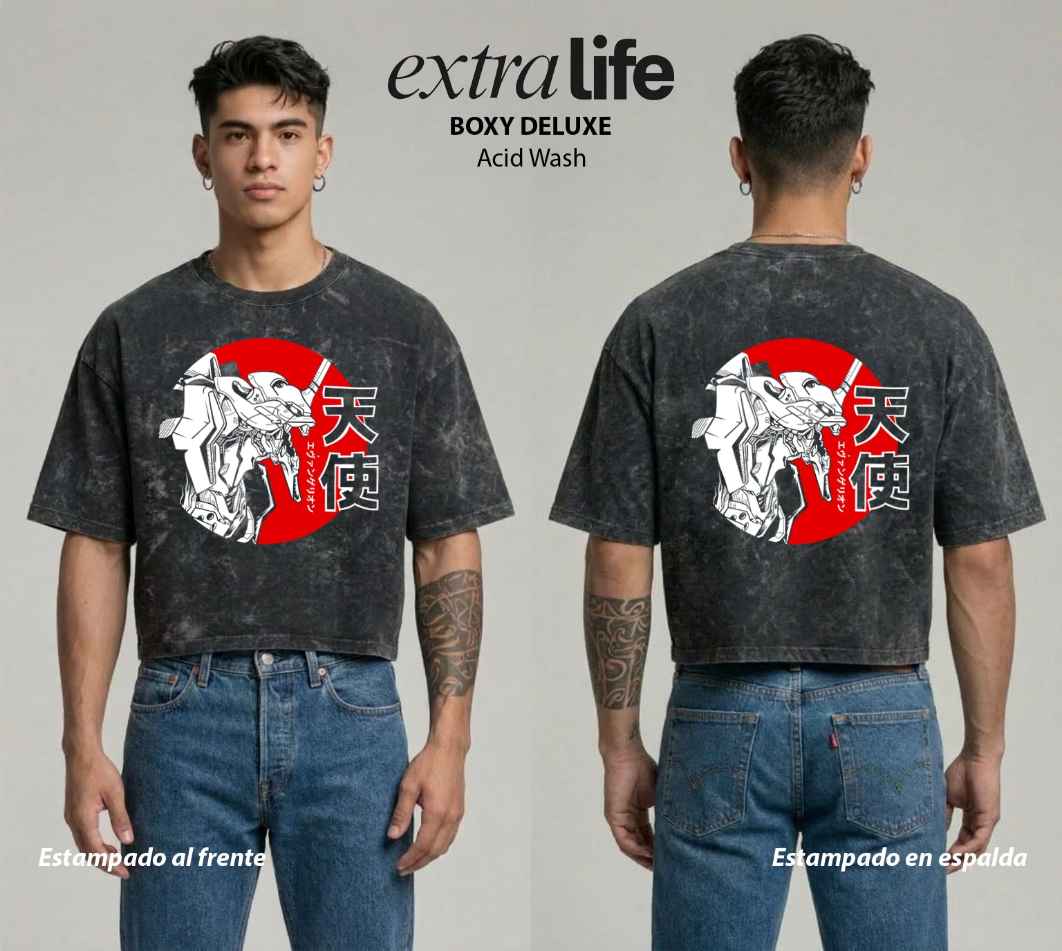 Playera streetwear premium de anime y gaming ExtraLife MX, corte boxy deluxe mineral wash heavyweight en color Acid Wash, moda urbana mexicana de culto.