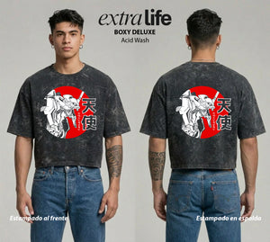 Playera streetwear premium de anime y gaming ExtraLife MX, corte boxy deluxe mineral wash heavyweight en color Acid Wash, moda urbana mexicana de culto.