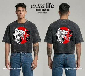 Playera streetwear premium de anime y gaming ExtraLife MX, corte boxy deluxe mineral wash heavyweight en color Acid Wash, moda urbana mexicana de culto.