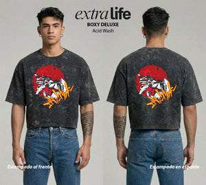Playera streetwear premium de anime y gaming ExtraLife MX, corte boxy deluxe mineral wash heavyweight en color Acid Wash, moda urbana mexicana de culto.