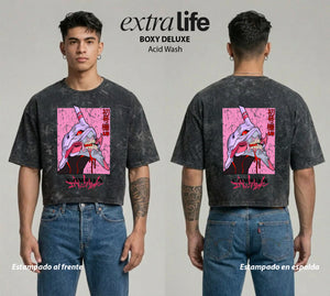 Playera streetwear premium de anime y gaming ExtraLife MX, corte boxy deluxe mineral wash heavyweight en color Acid Wash, moda urbana mexicana de culto.