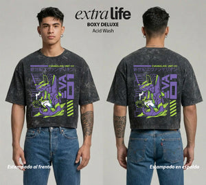 Playera streetwear premium de anime y gaming ExtraLife MX, corte boxy deluxe mineral wash heavyweight en color Acid Wash, moda urbana mexicana de culto.