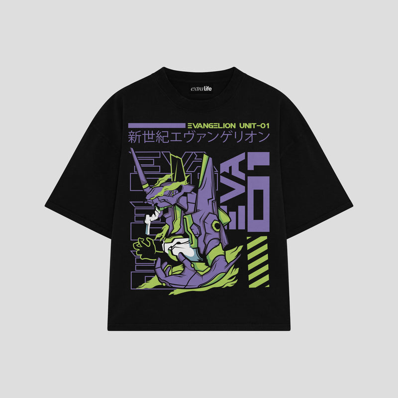 Playera streetwear premium de anime y gaming ExtraLife MX, corte boxy oversized drop shoulder heavyweight en color Deep Black y Off-White, moda urbana mexicana de culto.