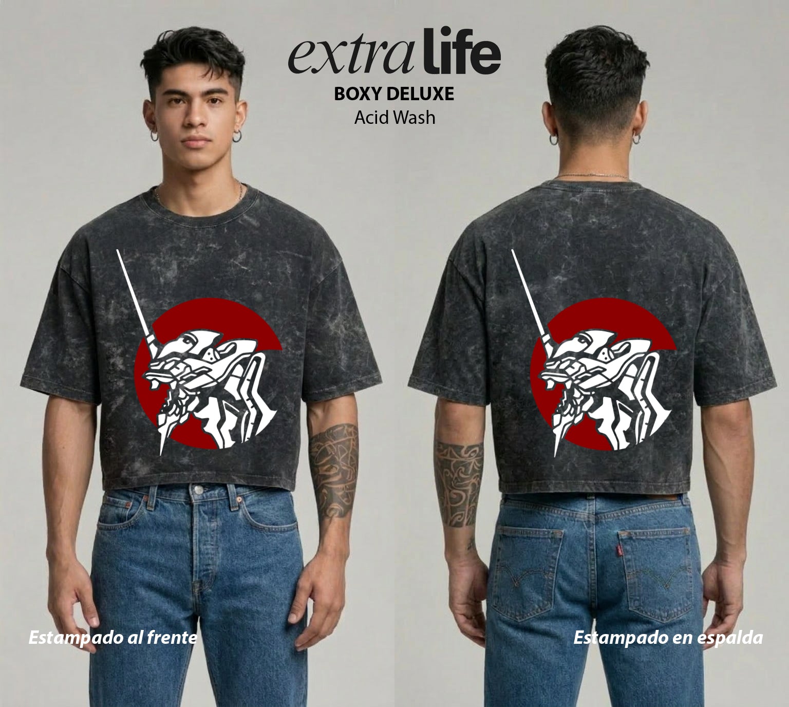Playera streetwear premium de anime y gaming ExtraLife MX, corte boxy deluxe mineral wash heavyweight en color Acid Wash, moda urbana mexicana de culto.