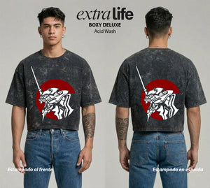 Playera streetwear premium de anime y gaming ExtraLife MX, corte boxy deluxe mineral wash heavyweight en color Acid Wash, moda urbana mexicana de culto.
