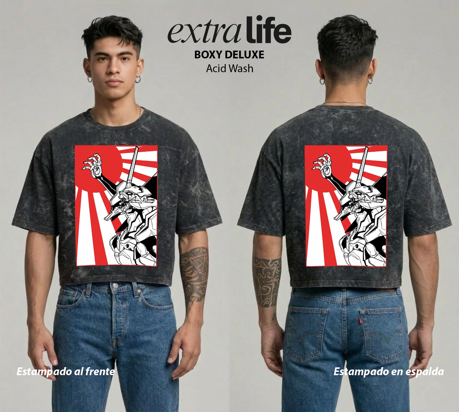 Playera streetwear premium de anime y gaming ExtraLife MX, corte boxy deluxe mineral wash heavyweight en color Acid Wash, moda urbana mexicana de culto.
