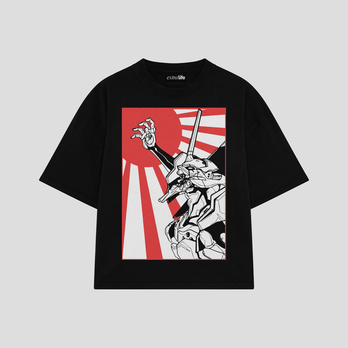 Playera streetwear premium de anime y gaming ExtraLife MX, corte oversized drop shoulder ligero y fresco en color Deep Black y Off-White, moda urbana mexicana de culto.
