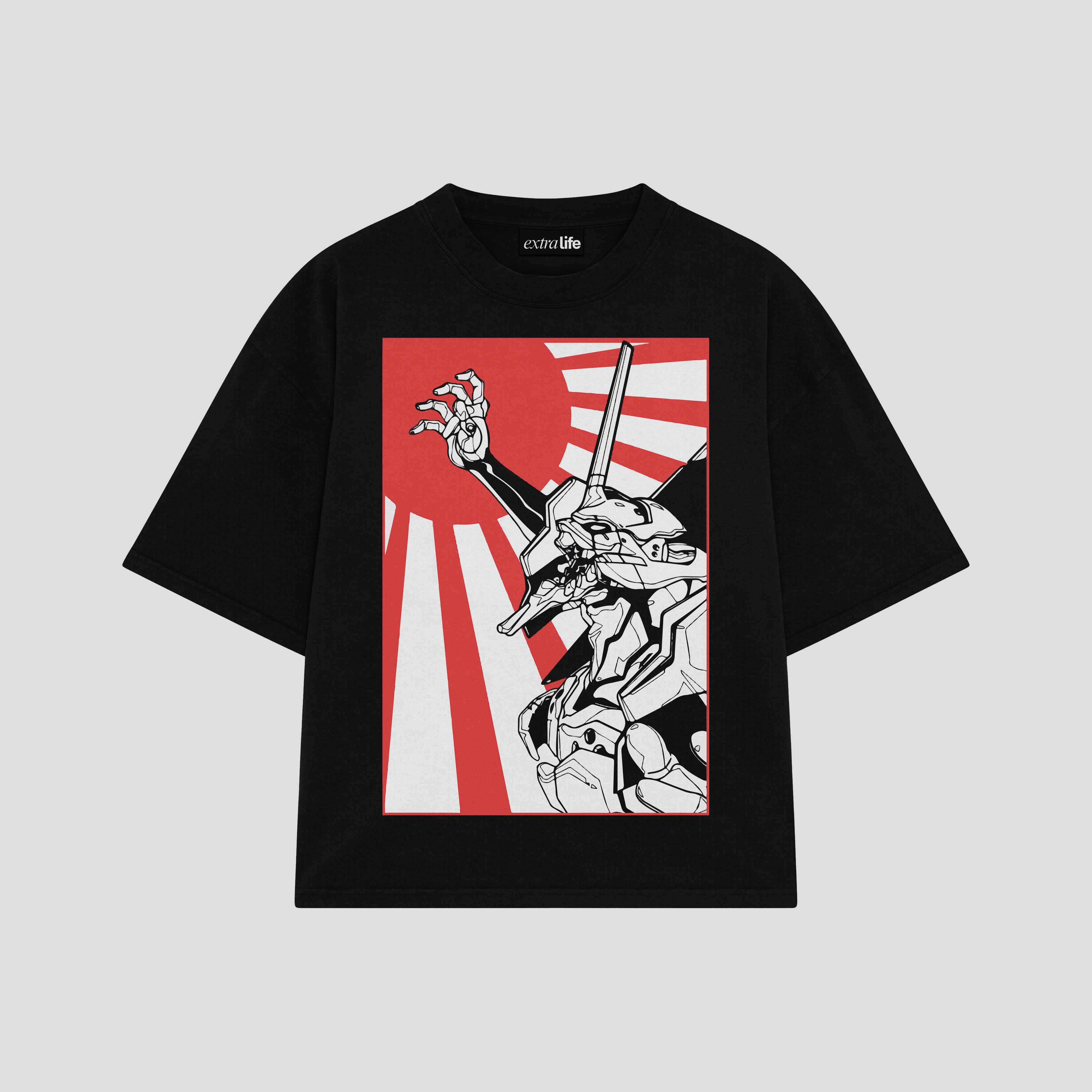 Playera streetwear premium de anime y gaming ExtraLife MX, corte boxy oversized drop shoulder heavyweight en color Deep Black y Off-White, moda urbana mexicana de culto.