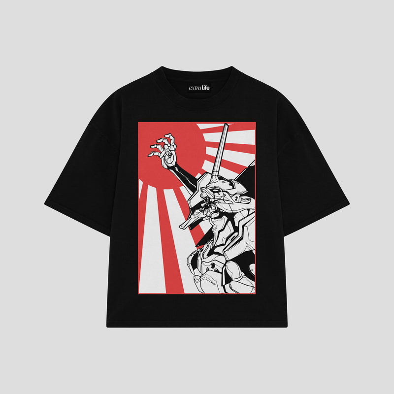 Playera streetwear premium de anime y gaming ExtraLife MX, corte boxy oversized drop shoulder heavyweight en color Deep Black y Off-White, moda urbana mexicana de culto.