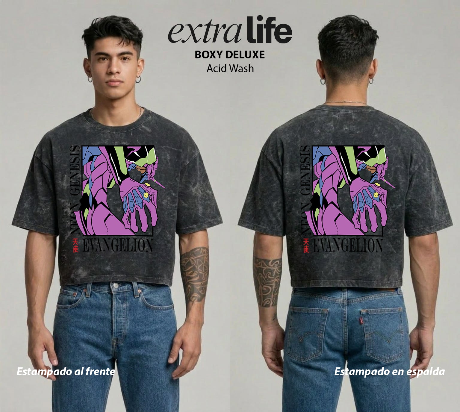 Playera streetwear premium de anime y gaming ExtraLife MX, corte boxy deluxe mineral wash heavyweight en color Acid Wash, moda urbana mexicana de culto.