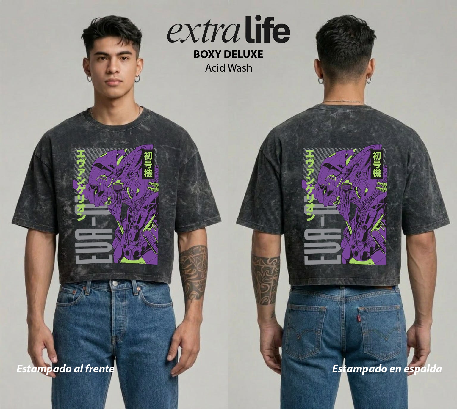 Playera streetwear premium de anime y gaming ExtraLife MX, corte boxy deluxe mineral wash heavyweight en color Acid Wash, moda urbana mexicana de culto.