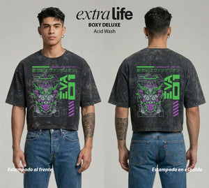 Playera streetwear premium de anime y gaming ExtraLife MX, corte boxy deluxe mineral wash heavyweight en color Acid Wash, moda urbana mexicana de culto.