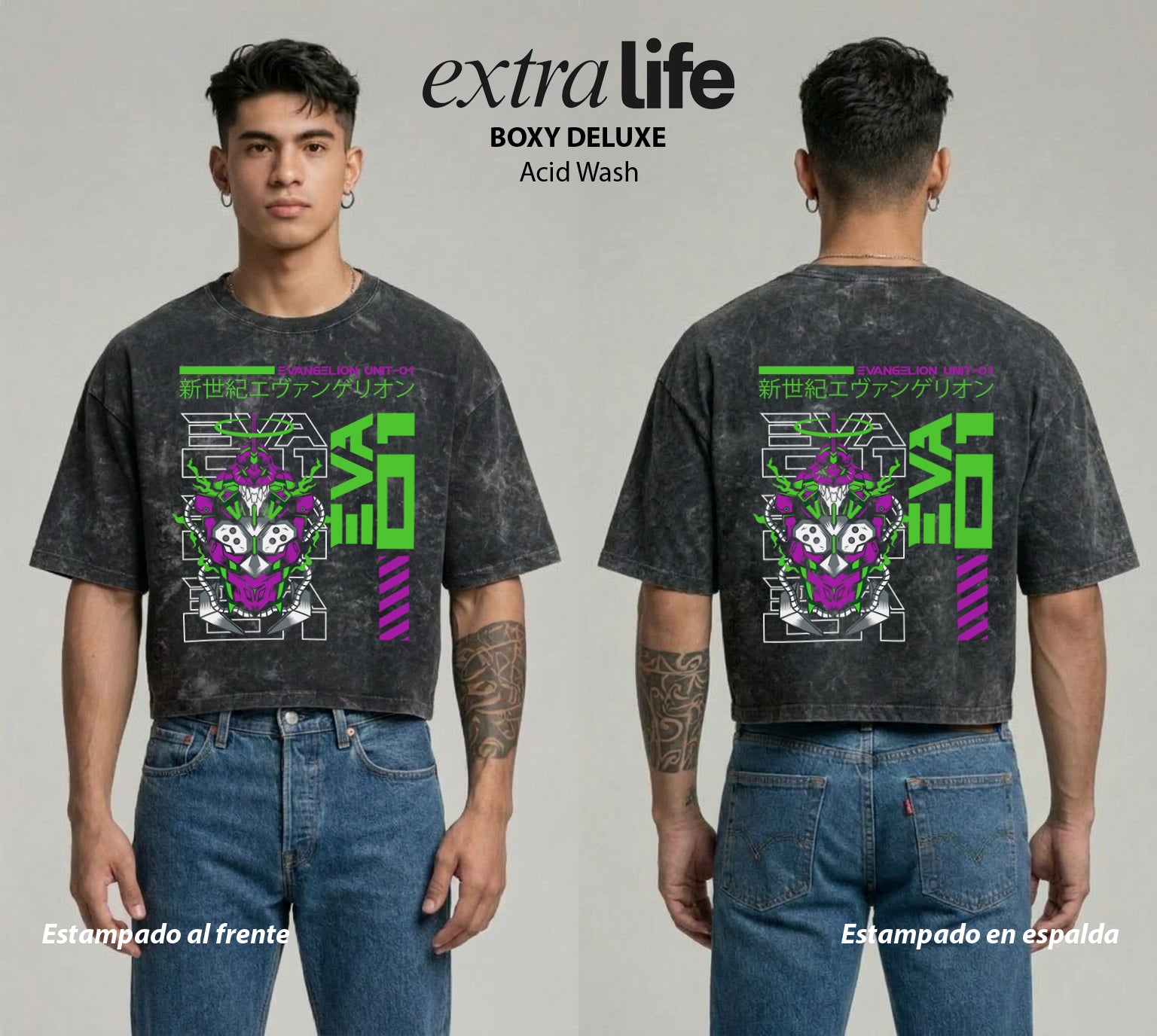 Playera streetwear premium de anime y gaming ExtraLife MX, corte boxy deluxe mineral wash heavyweight en color Acid Wash, moda urbana mexicana de culto.
