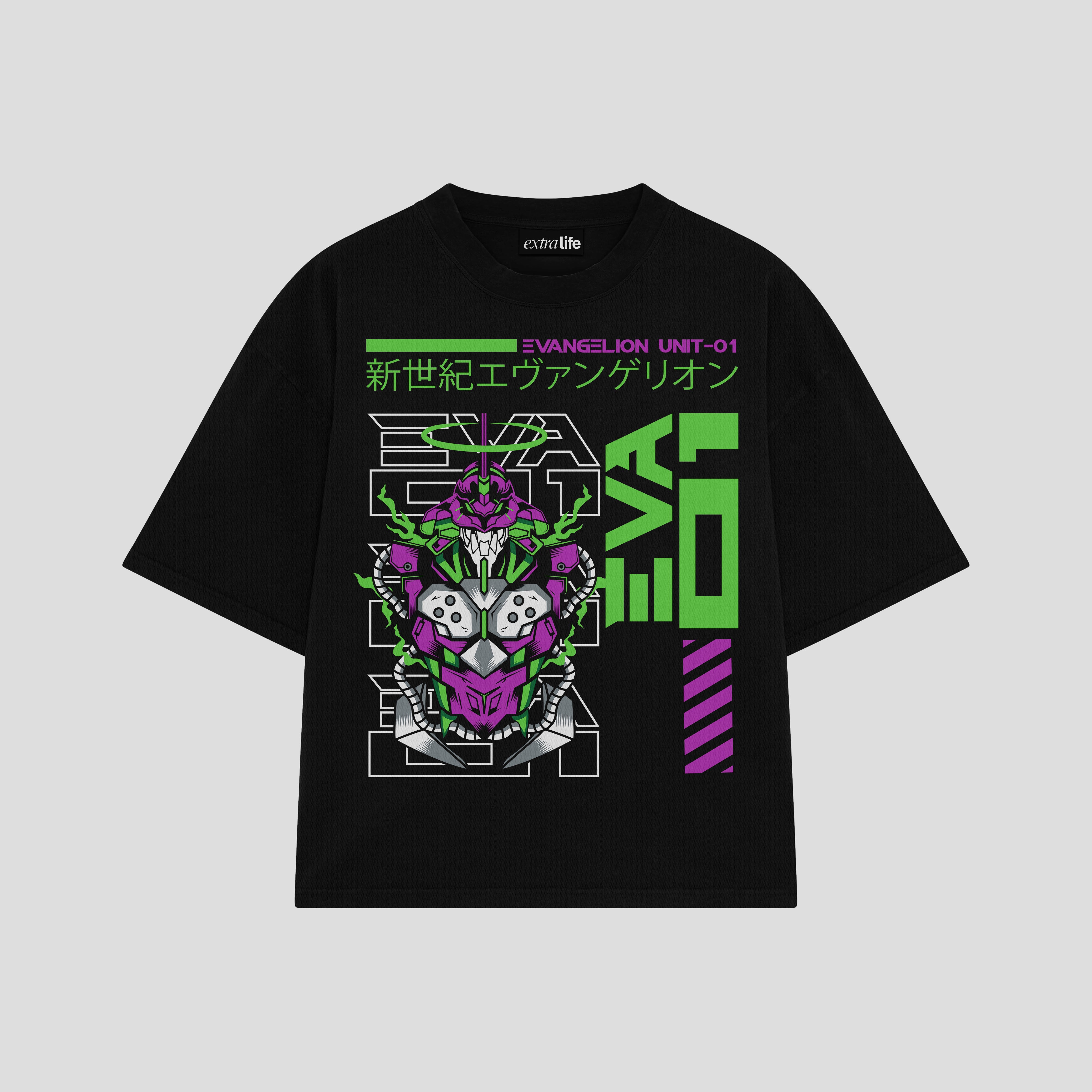 Playera streetwear premium de anime y gaming ExtraLife MX, corte boxy oversized drop shoulder heavyweight en color Deep Black y Off-White, moda urbana mexicana de culto.