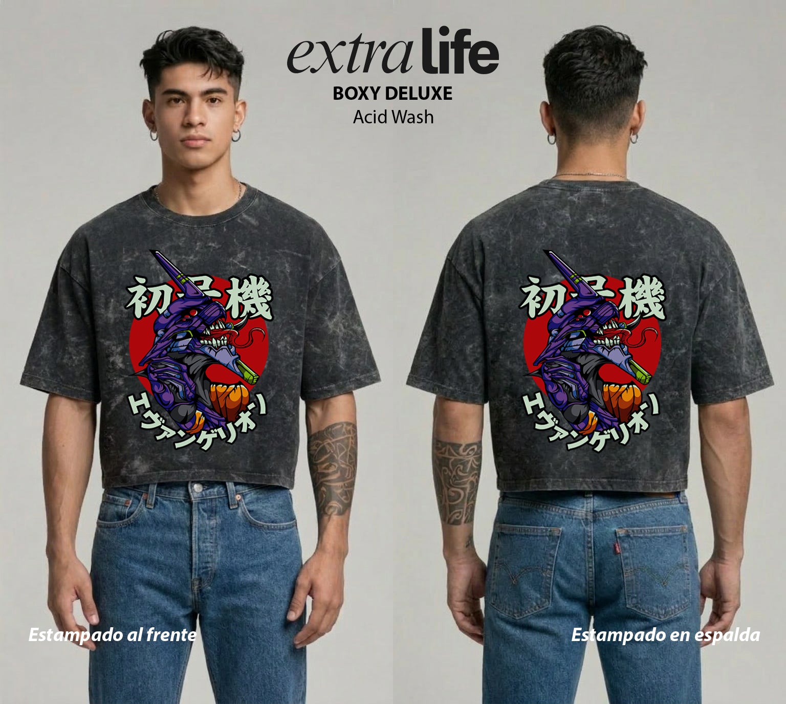 Playera streetwear premium de anime y gaming ExtraLife MX, corte boxy deluxe mineral wash heavyweight en color Acid Wash, moda urbana mexicana de culto.