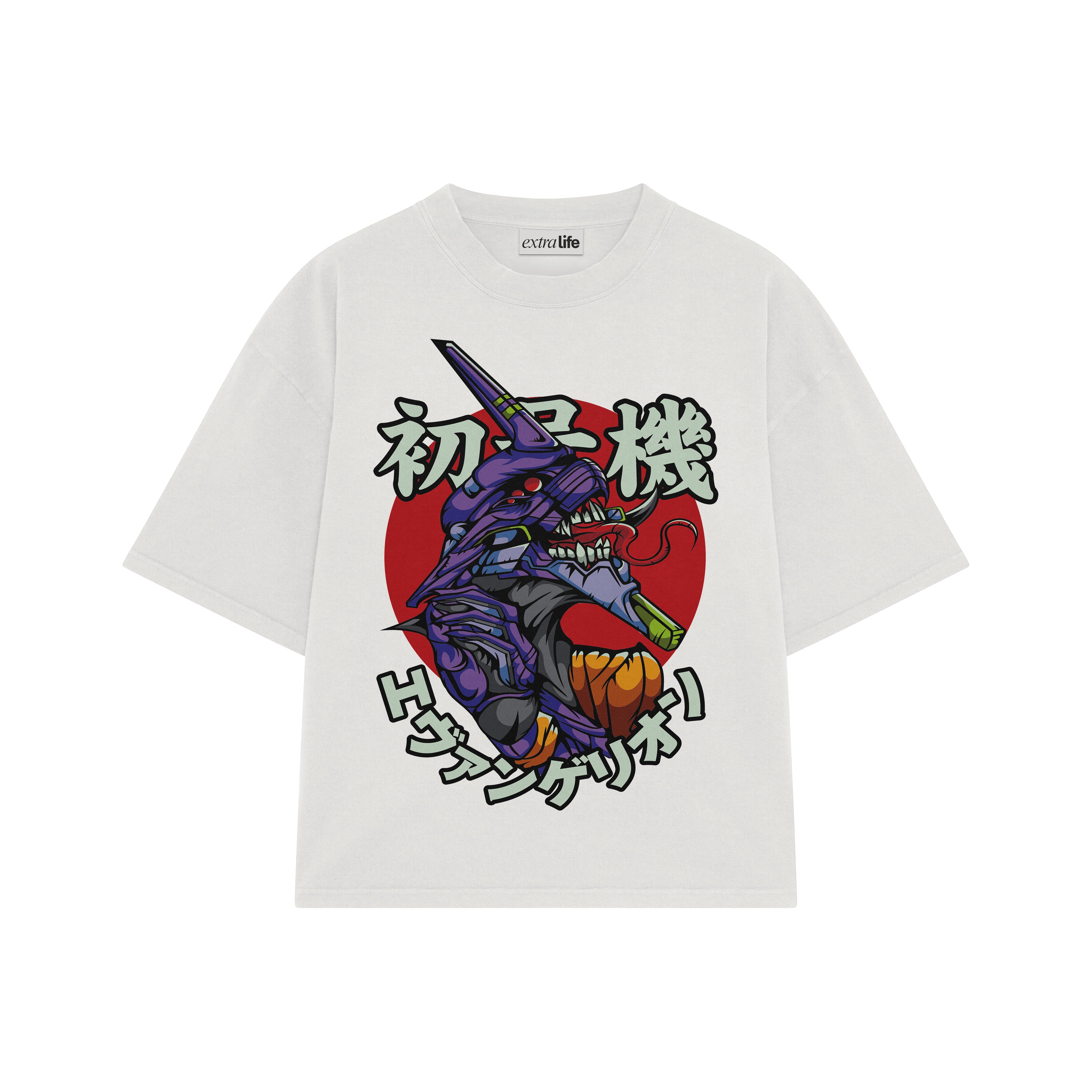 Playera streetwear premium de anime y gaming ExtraLife MX, corte boxy oversized drop shoulder heavyweight en color Deep Black y Off-White, moda urbana mexicana de culto.