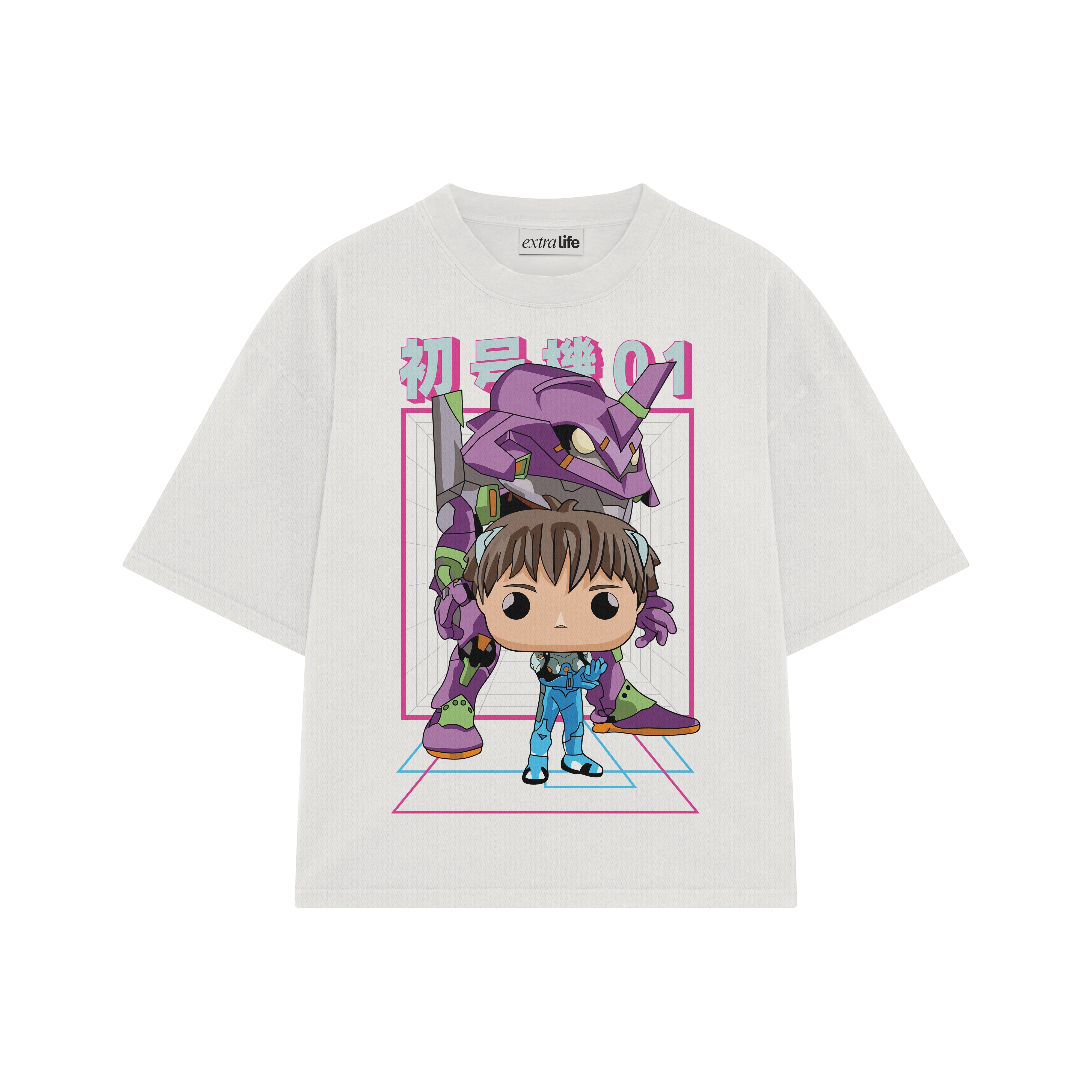 Playera streetwear premium de anime y gaming ExtraLife MX, corte boxy oversized drop shoulder heavyweight en color Deep Black y Off-White, moda urbana mexicana de culto.
